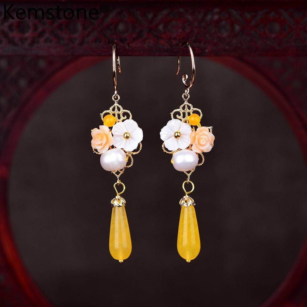 Kemstone Elegant Women Coloful Flower Water Drop Dangle Earrings Chinese Ethnic Jewelry
