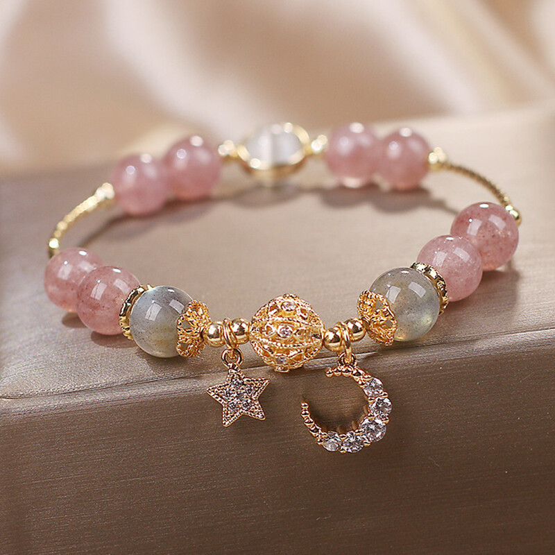Original Design Natural Crystal Elastic Bracelet Korea Strawberry Crystal Buddha Girl Pendant Bracelet Charm for Women