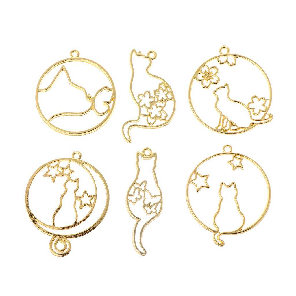 6 Pcs/Set Metal Frame DIY Jewelry Necklace Pendant Gold Kitten Cat Cute Hollow Frames UV Epoxy Resin Tools Accessories Handmade Decoration