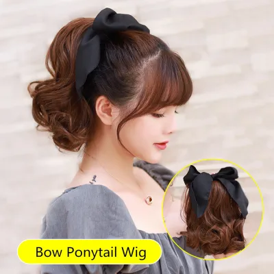 28cm Women Short Curly Bow Ponytail Wig Hair Natural Cute Wig Hair Extension Ponytail Wig Hair For Ladies Girls