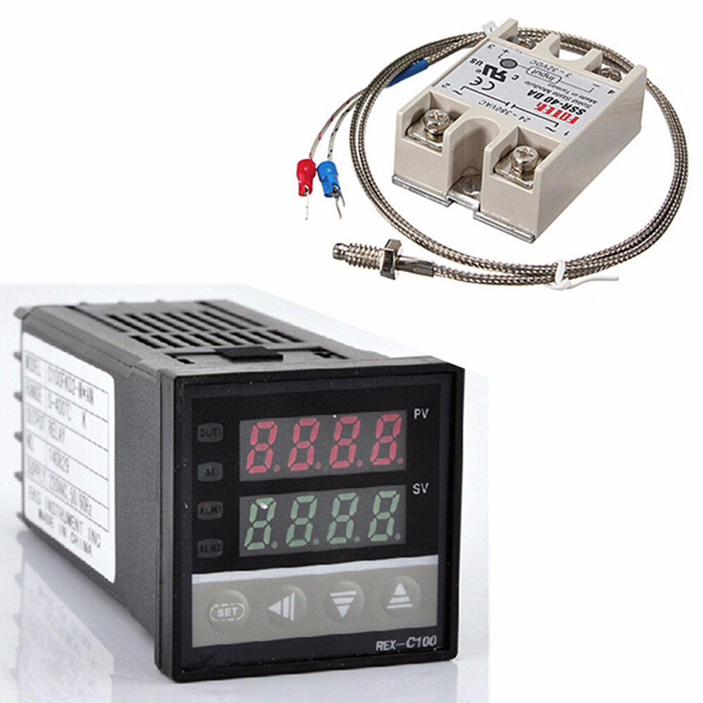 NANWEI Digital LCD PID REX-C100 Temperature Controller Set + K Thermocouple + Max.40A SSR