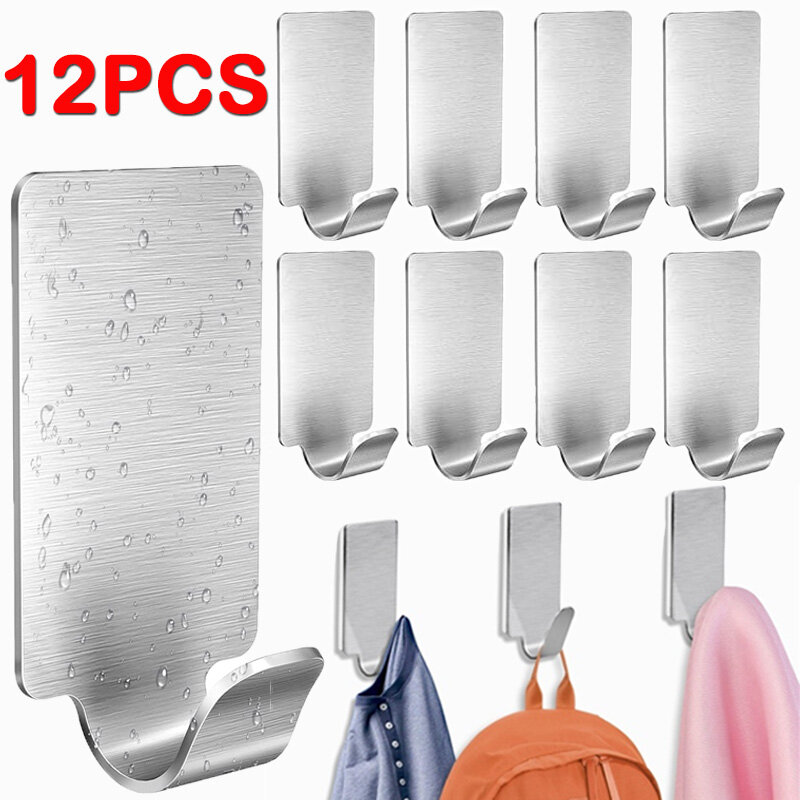 6/12pcs Stainless Steel Heavy Duty Self-Adhesive Hook Wall Hooks