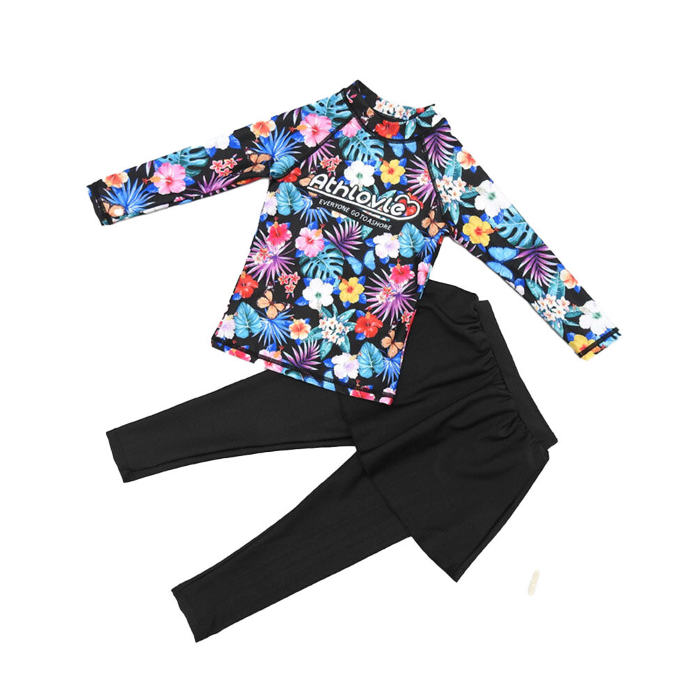 Super Star Mall 2pcs/set Girls Swimsuit Split Printed Long Sleeve Tops + Princess Pantskirt Set