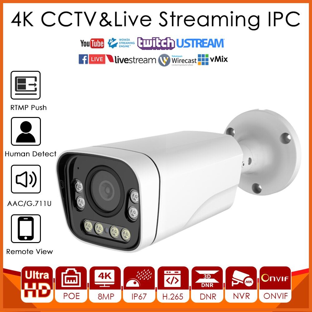 4K 8MP IMX415 POE IP Camera Live Streaming Full Colors Night Vision Push Video To Youtube