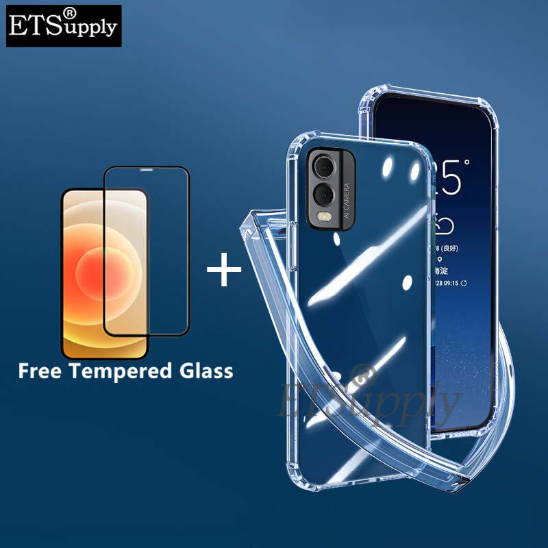 Phone Case Nokia C32 Back Cover Transparent Shockproof Silicone Clear + for Nokia C32 Casing Cover Tempered Glass Screen Protector Film