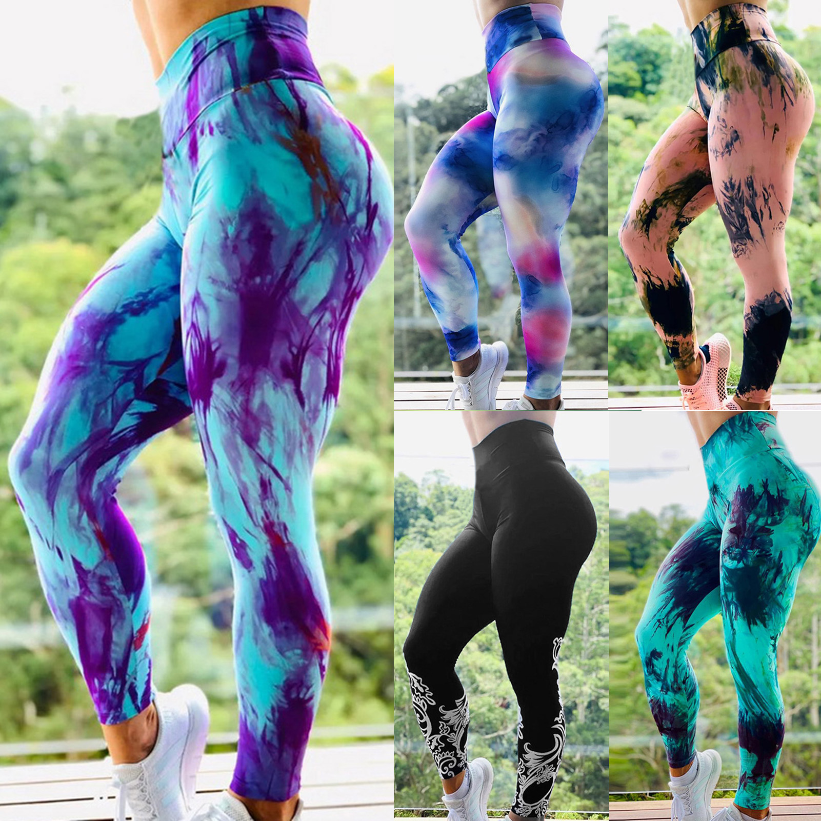 Tie Dye Print Fitness Leggings Tummy Control Women High Waist Ruched High Elastic Yoga Leggings Activewear
