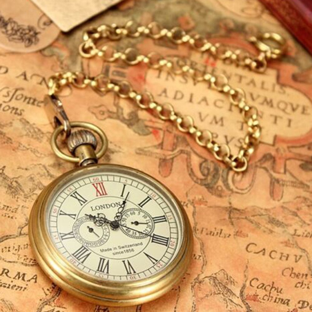 BOKALI 1PCS  New Antique 2 Sub-dials Switzerland Wind Mechanical Pocket Watch Men's Gift