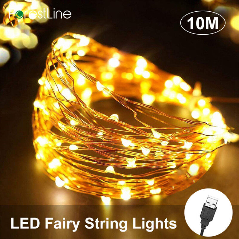 LED นางฟ้าแสง String 5 เมตร 50LED 10 เมตร 100 LED กันน้ำลวดทองแดง USB plug-in กับ 8 โหมดแสงนางฟ้าไฟสำหรับห้องนอนในร่มสวนกลางแจ้ง สี 10M Yellow สี 10M Yellow