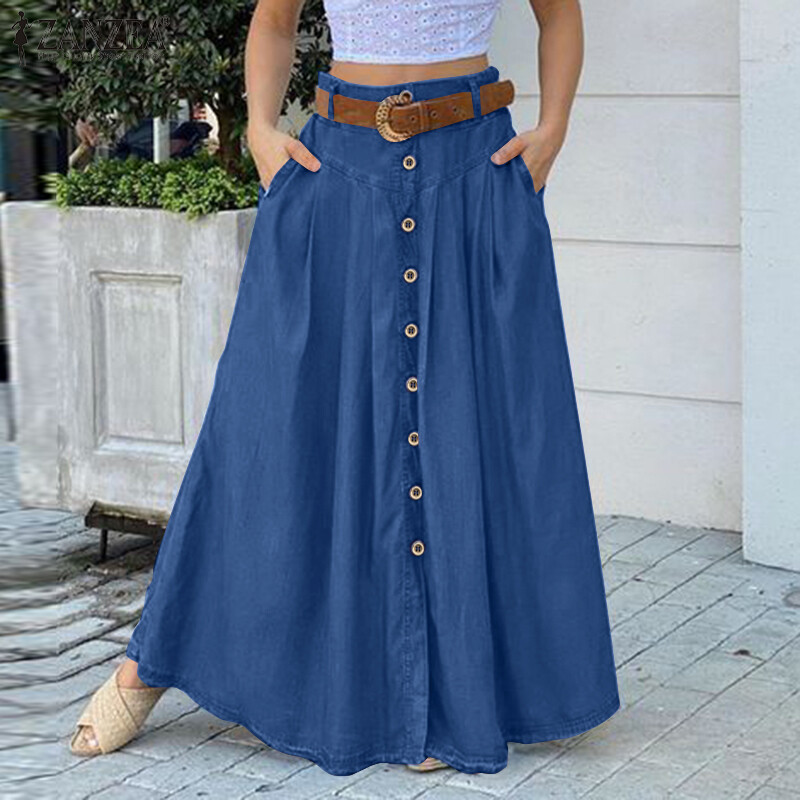 ZANZEA Womens Pleated Button Down Skirts A Line Flare Swing Solid Long Maxi Skirts