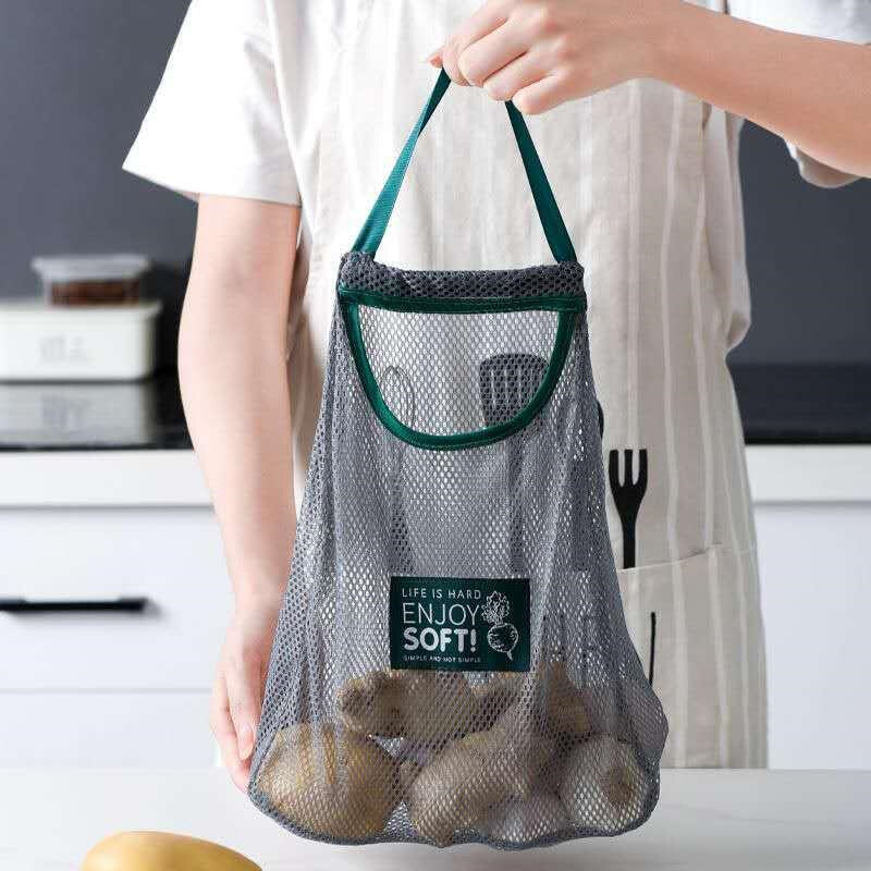 Kitchen Vegetable Mesh Storage Bags Onion Potato Storage Hanging Bags Hollow Breathable Handle Mesh Bag