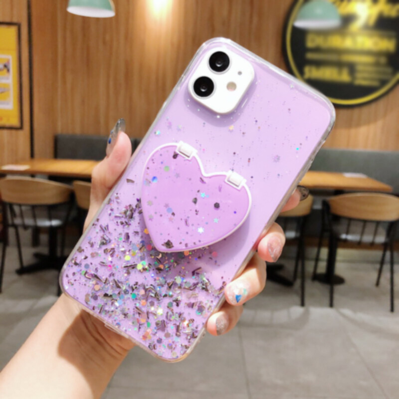 CrashStar Glitter Bling Soft Transparent Phone Case For iPhone 15 14 13 12 11 Pro Max Mini XR XS X 8 7 6 6S Plus + SE 2020 Clear Shining Phone Casing With Cute Heart Mirror Stand HP Cover Hot Sale