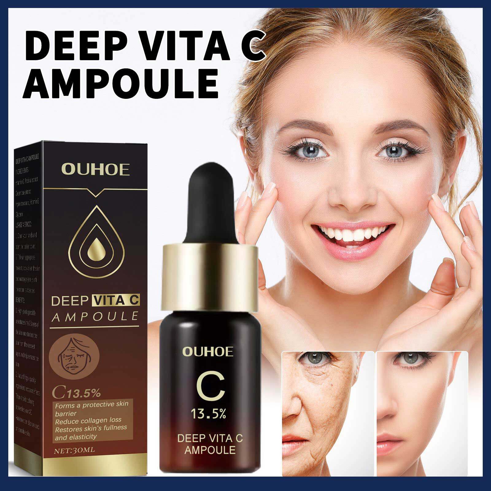 OUHOE Deep Vitamin C Ampoule Moisturizing Tighten Moisturize Skin Anti Wrinkles Anti-aging Decrease Fine Lines Safe Gentle Vitamin C Anti Wrinkle Dark Spot Remover Essence 30ml Vita C Ampoule Facial Essence Anti Aging Fine Line Remover Skin Care Serum