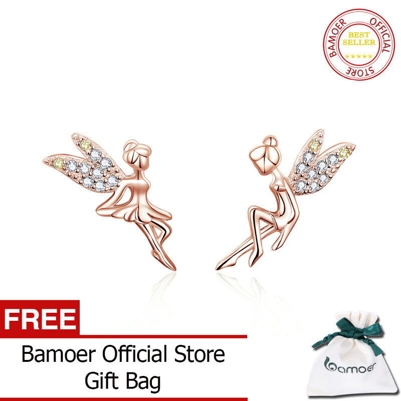 BAMOER Romantic Genuine 925 Sterling Silver Cute Fairy Elevs Exquisite Stud Earrings for Women Luxury Jewelry Making BSE046 Apr