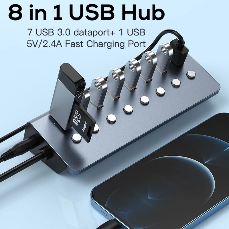 Bộ Chia USB JDB Usb 3.0 Với Công Tắc Độc Lập, Nguồn Điện Bên Ngoài, Bộ Mở Rộng Đa Giao Diện, Hub, Một Cho Bảy Cổng