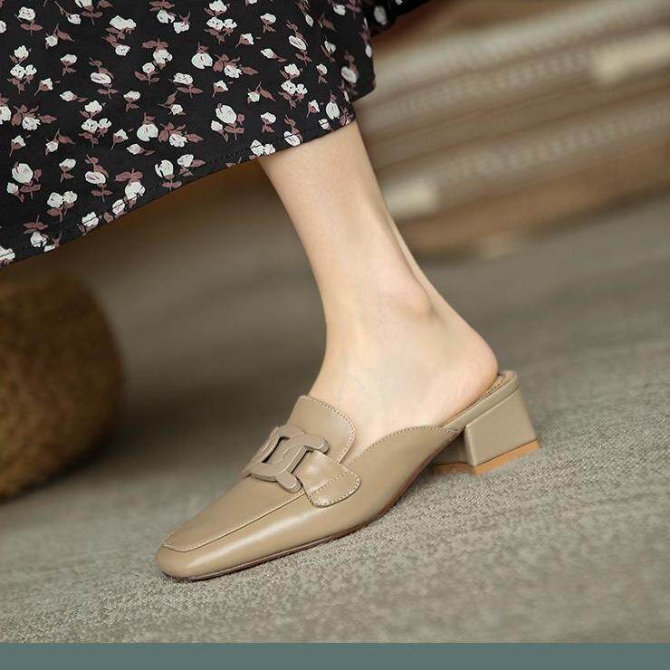 Leather Mules Shoes High heel slippers For Women Vintage Mary