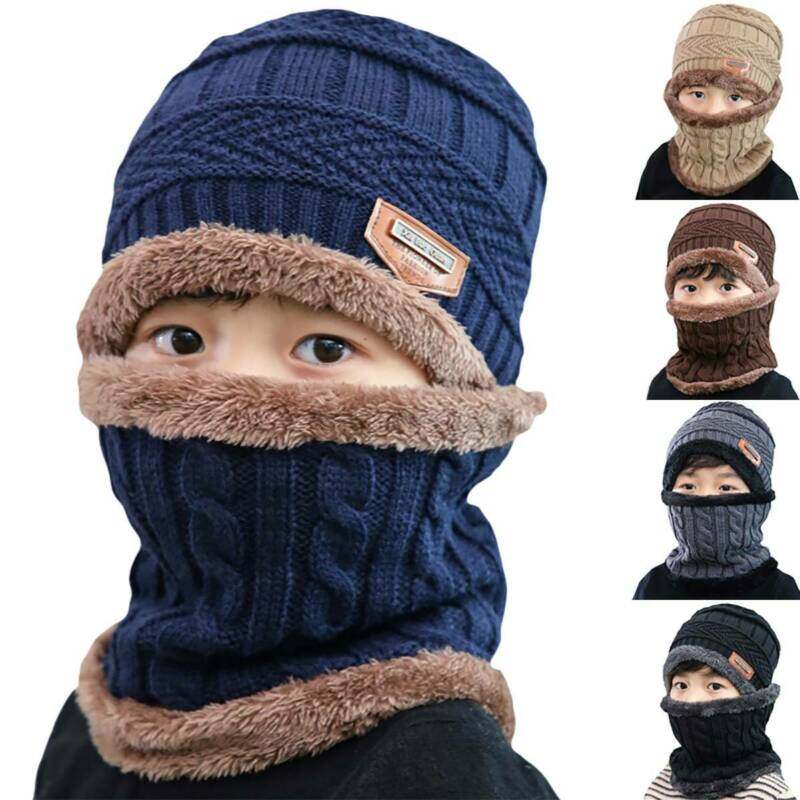 Boy Girl Kids Winter Hat Scarf Set Warm Knit Fleeced Beanie Cap and Circle Scarf