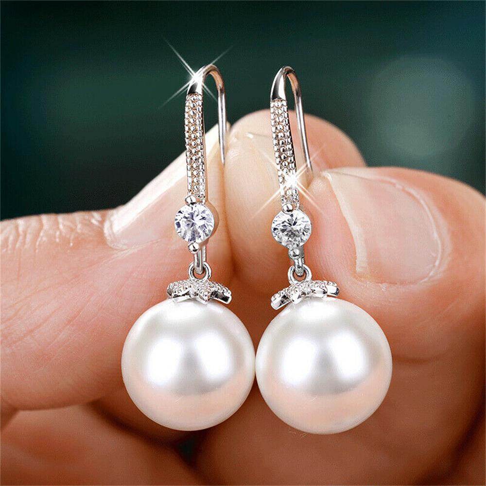 Gorgeous 925 Silver Drop Earrings for Women White Pearl Jewelry A Pair/set