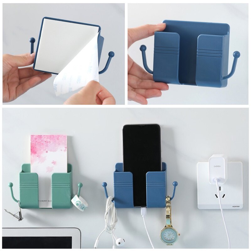 FONKEN Phone Holder Wall Mounted Organizer Storage Box Remote Control Mounted Mobile Phone Plug Wall Holder Charging Multifunction