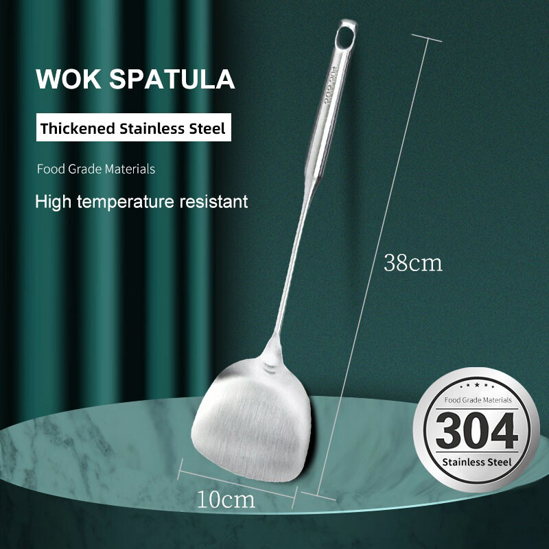 JustLiving Stainless Steel Wok Spatula for Cooking Soup Ladle Laddle Spoon Scoop Kitchen Utensils Non Stick Stir-fry Spatula One Piece High Temperature Resistant Handle Spatula Soup Spoon Kitchen Utensils