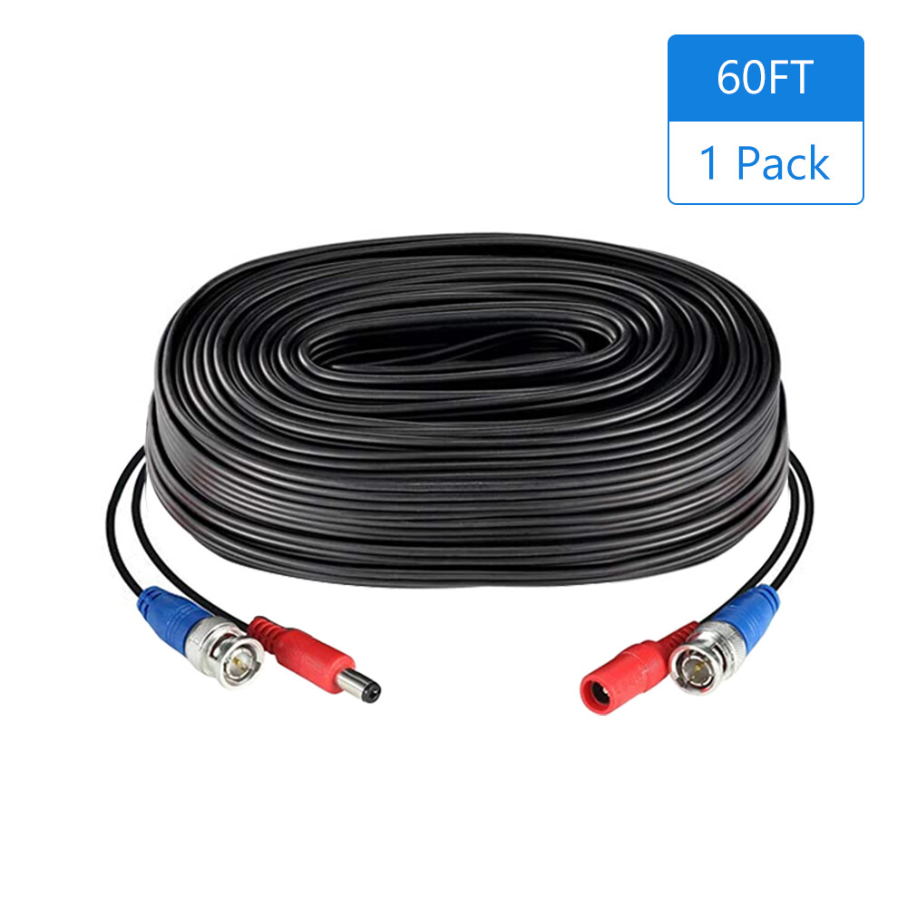 1Pack Black 60ft /18.3-m 2-in-1 Video Power CCTV Cable BNC Extend Cord for Home Security Surveillance Cameras DVR System