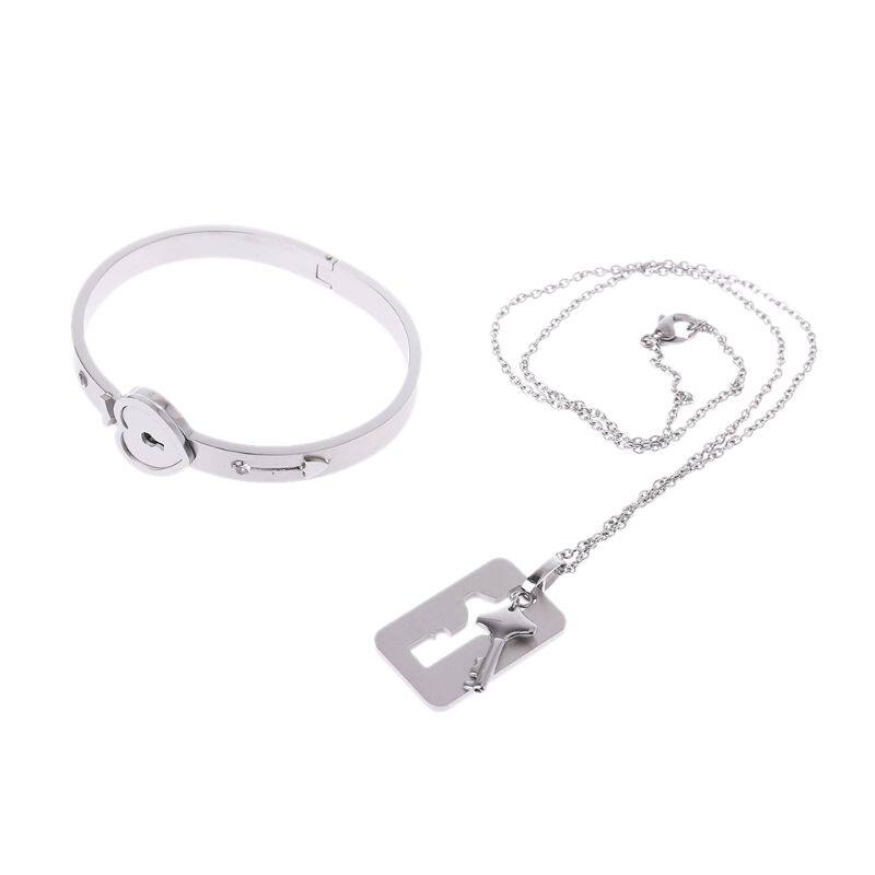 Couple Titanium Steel Lock Bangle Bracelet & Key Pendant Necklace Love Sets Gift