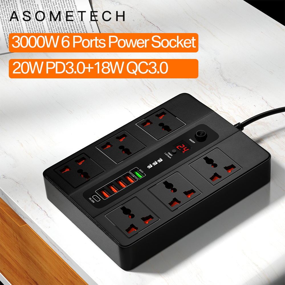 ASOME Ổ Cắm Điện Thông Dụng 3000W 6 Ổ Cắm Với 6 Phích Cắm Sạc Nhanh PD 3.0