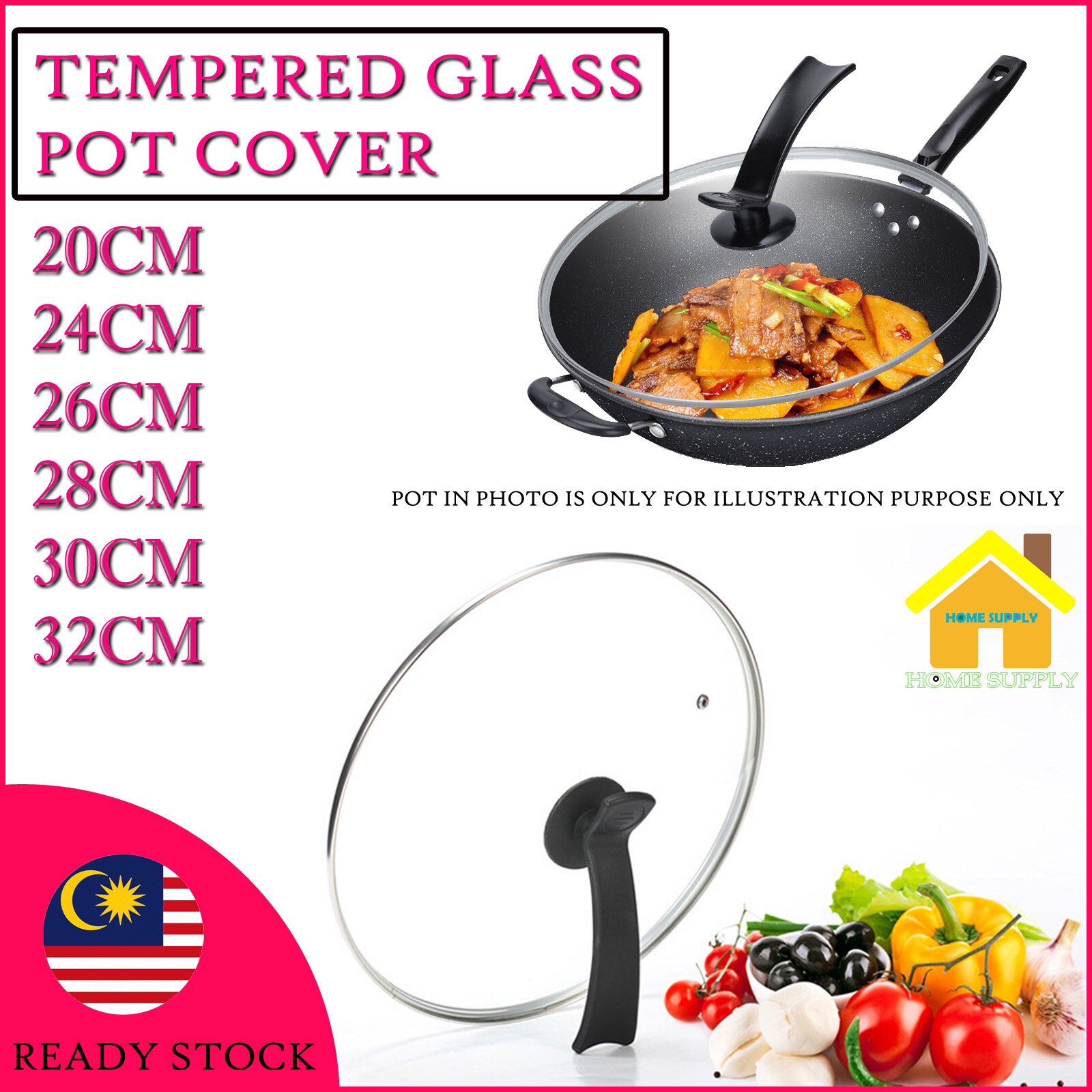 Tempered Glass Pan Cover Wok Cover with Handle 20cm 32cm COVER ONLY