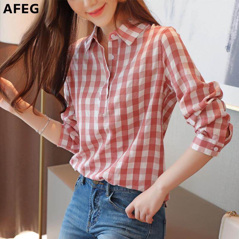 AFEG new Korean women's long-sleeved lapel plaid chiffon casual fashion wild temperament elegant blouse