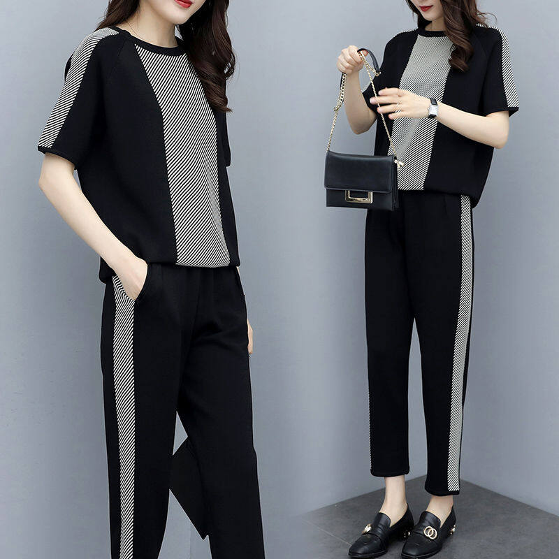 Summer Women's Loose Fashion Knitted Suit Female Casual French Tops+Pants Sets