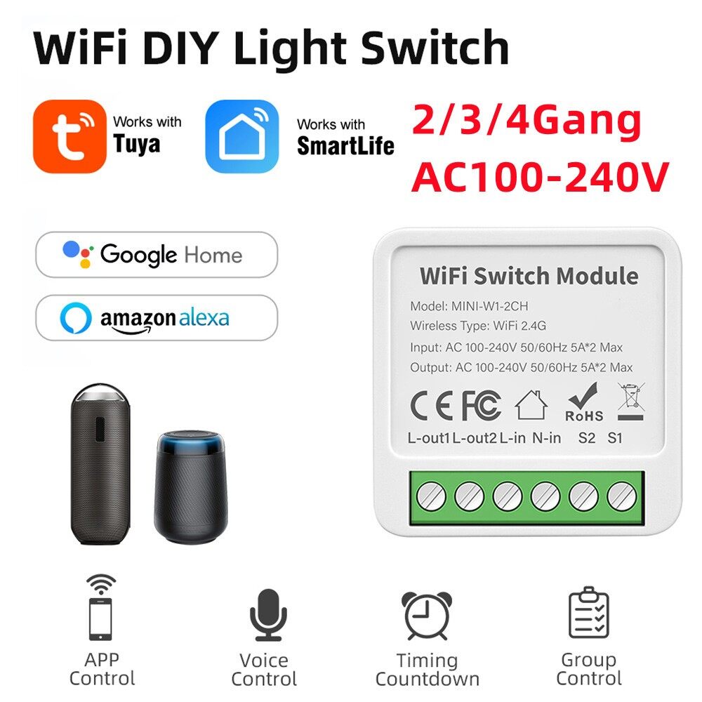 E Life Smart Store Tuya Wifi Smart Light Switch Module Supports 2 Way Control App Remote Control DIY Breaker 100-240V 2/3/4 Gang Tuya Smart WiFi Light Switch Mini Smart Circuit Breaker Smart Life Control Works For Alexa Google Home