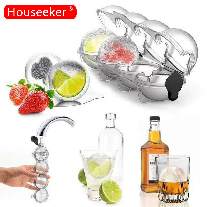 Houseeker 4 Grids Ice Ball Maker Plastic Round Ice Cube Mold Trays Whiskey Cocktail Party Bar Tools