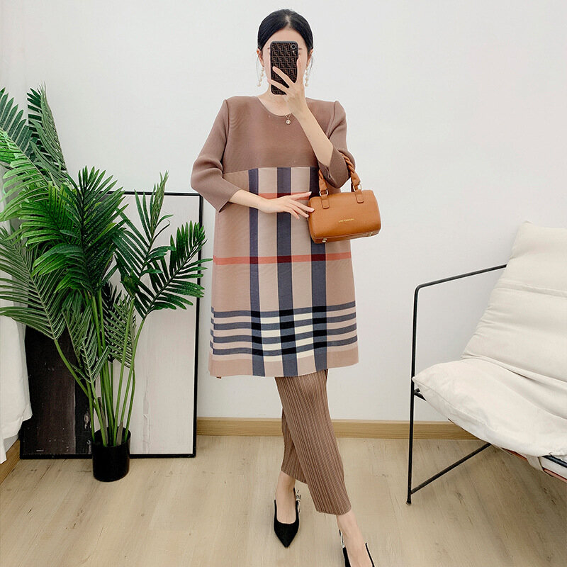 Pleated Suit Western Style Two-Piece Suit Plaid 34 Sleeve Top Skinny Pants Ys8328