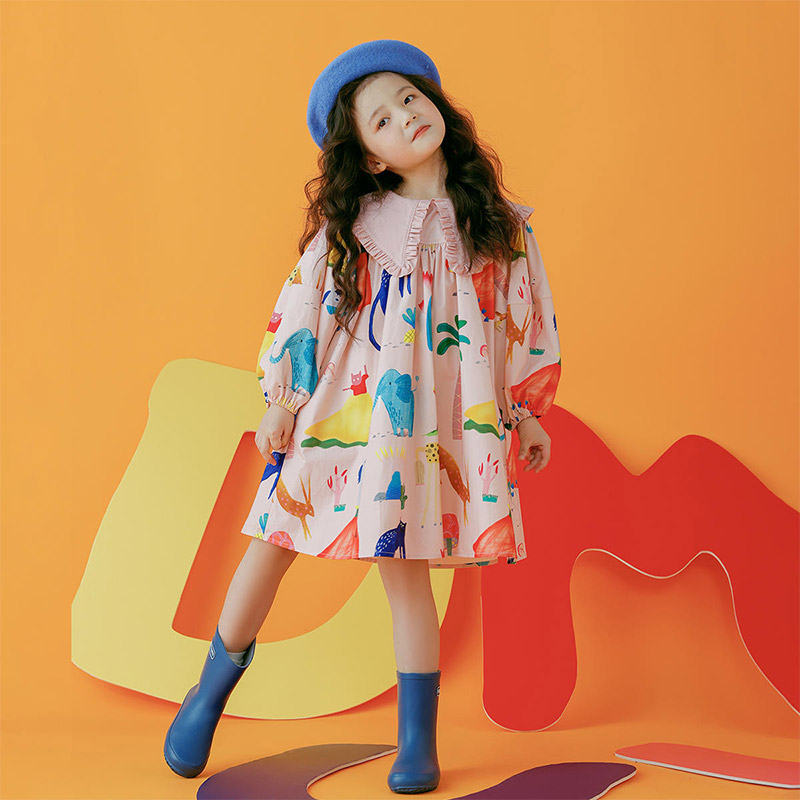 AMILA Girls' long-sleeved dress New Korean version of pink wood ear puff sleeve graffiti foreign trade children's skirt