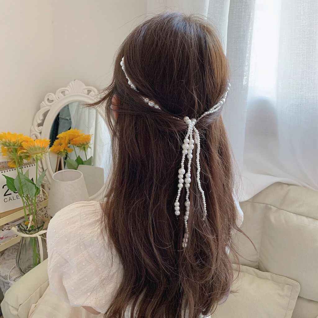 Kẹp Tóc Tua Rua Ngọc Trai Để Trang Trí Tóc Bện