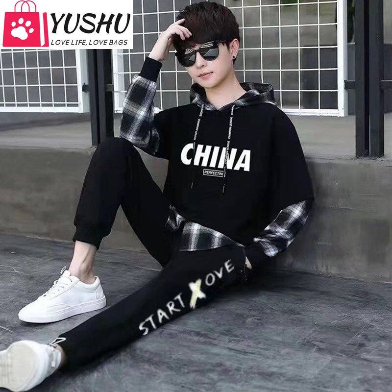 Yushu Men 2PCS Set Youth Sports Suit Spring and Autumn Men's Long-sleeved Sweater Trendy Handsome Male Cloth