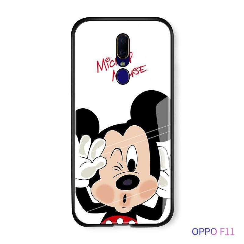 Untuk OPPO F11 A9 A9X Mewah Kartun Disney Mickey Minnie Mouse Donal Desi Bebek Air Ciuman Case Glossy Kaca Antigores Kembali Casing Kover