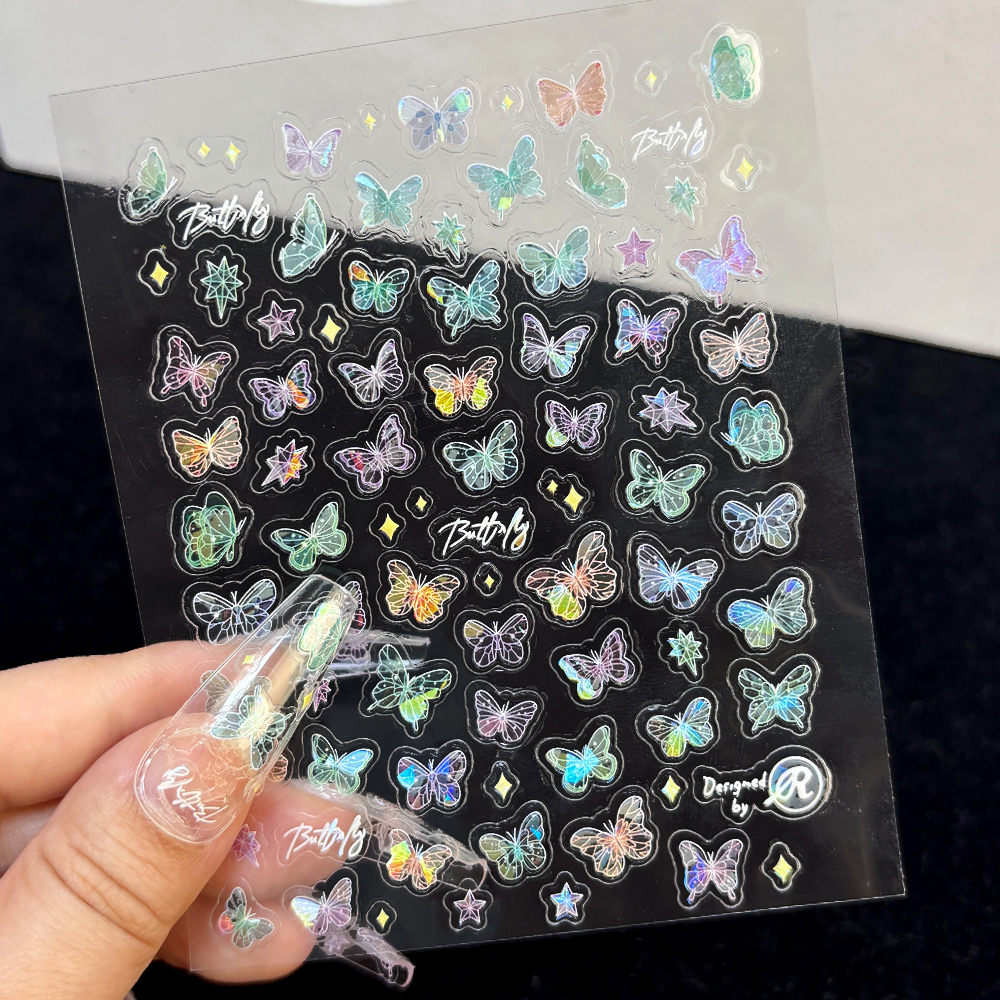 Dorisna Butterfly Wing Streamer Nail Stickers Advanced Embossed Nail Art Stickers Laser Colorful Butterfly Fairy Stickers Colorful