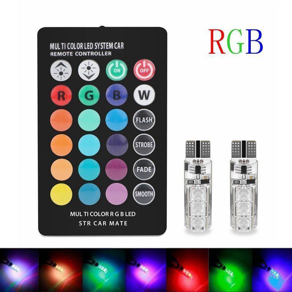 2PCS 6SMD RGB LED T10 5050 Multi Color Light Car Wedge Remote Control Bulbs