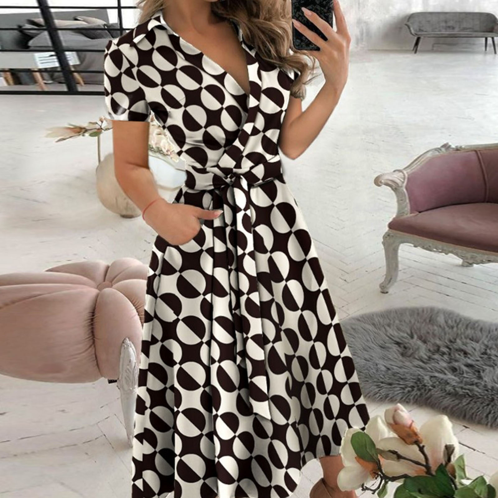 Miles Turn-down Collar V-Neck Midi Dress Short Sleeve Lace-Up Belt Wrap Party Dress for Daily Wear Party Dress Waist