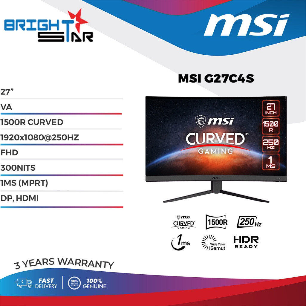 Msi 27 G27c4x Va 250hz Fhd 1500r Curved Gaming Monitor Lazada