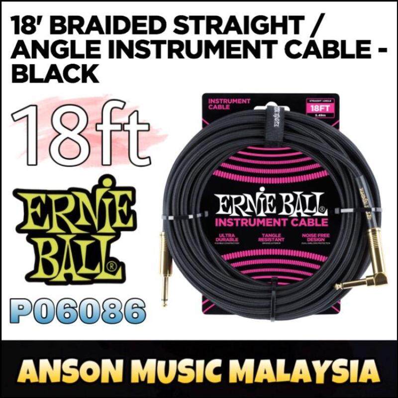 Ernie Ball P06086 Braided Straight/Angle Instrument Cable, 18ft, Black (6086) Malaysia