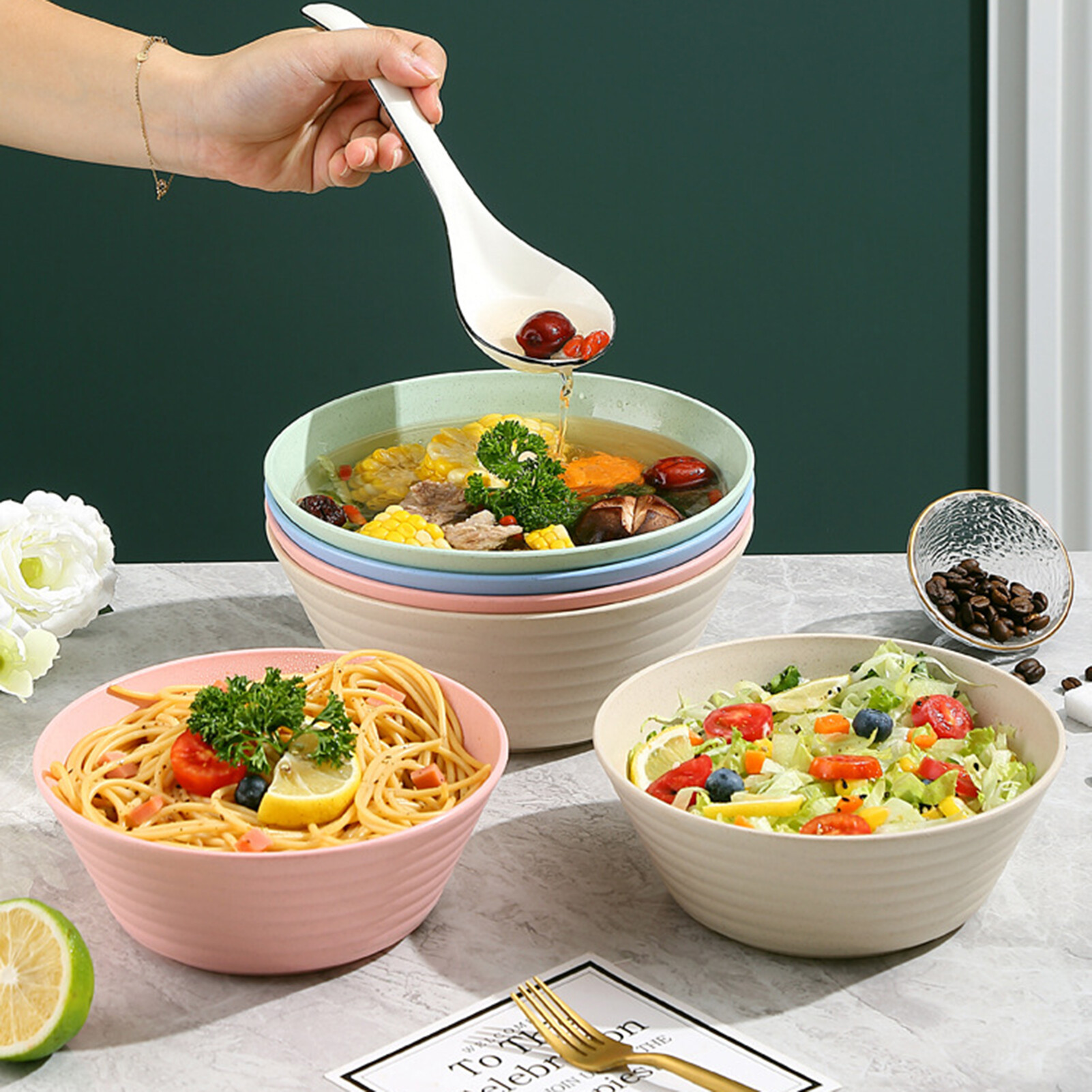 Terylin Japanese Instant Noodle Bowl Microwave Dishwasher Safe Large Capacity Stackable Unbreakable Cereal Soup Rice Bowl for Canteen Durable Rice Bowl
