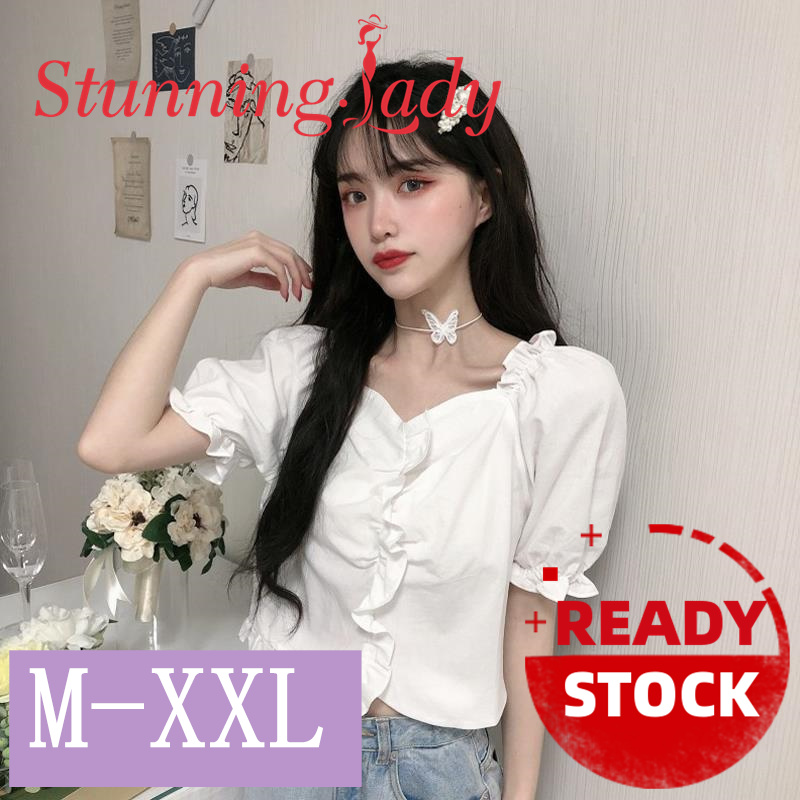 Stunning Lady New French Minimalist Design Sense of Ruffles Slim Fit Short-sleeved Shirt Women's Clothing
