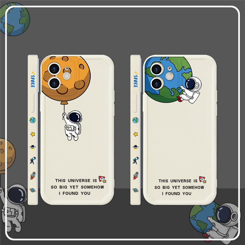 For Apple Case Liquid Side LOGO Cute Astronaut Space Soft Rubber Mobile Phone Casing for IPhone 12 PRO 11 PRO MAX X XR XS MAX 12 Mini 7 8 PLUS All-inclusive Straight Edge Shockproof TPU Cover