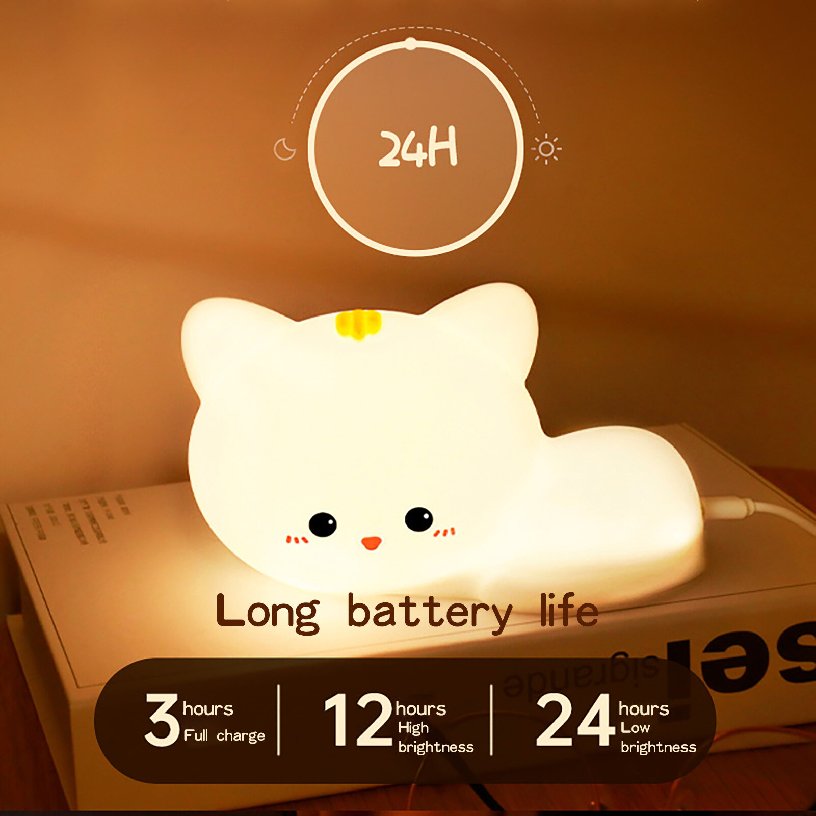 Terylin Sleeping Cat USB Pat Remote Control LED Silicone Night Light Desk Bedside Lamp