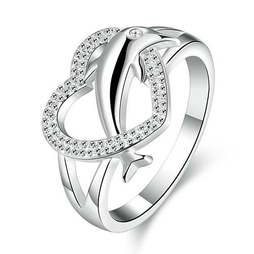 Women's 925 Silver Plated Dolphin Heart Finger Ring Jewelry Charm for Party Prom