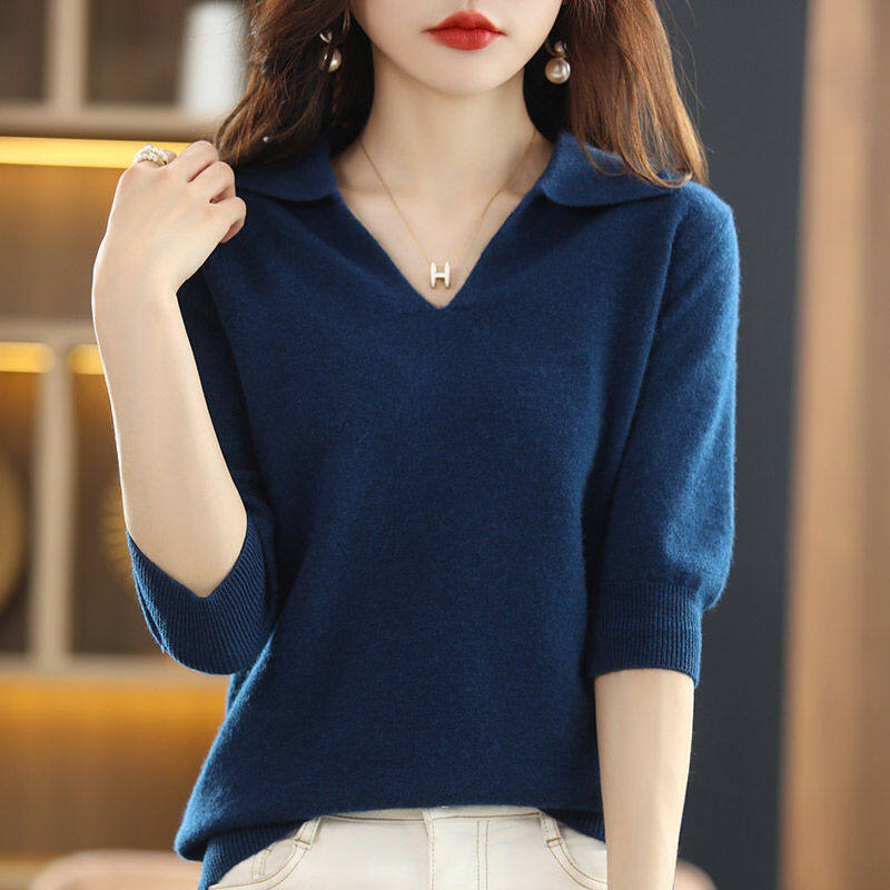 Áo Len Chui Đầu Màu Trơn Cổ Chữ V Thời Trang Quần Áo Nữ Áo Thun Dệt Kim Áo Thường Ngày Tay LửNg Áo Dệt Kim Cơ Bản Dáng Rộng Cho Nữ
