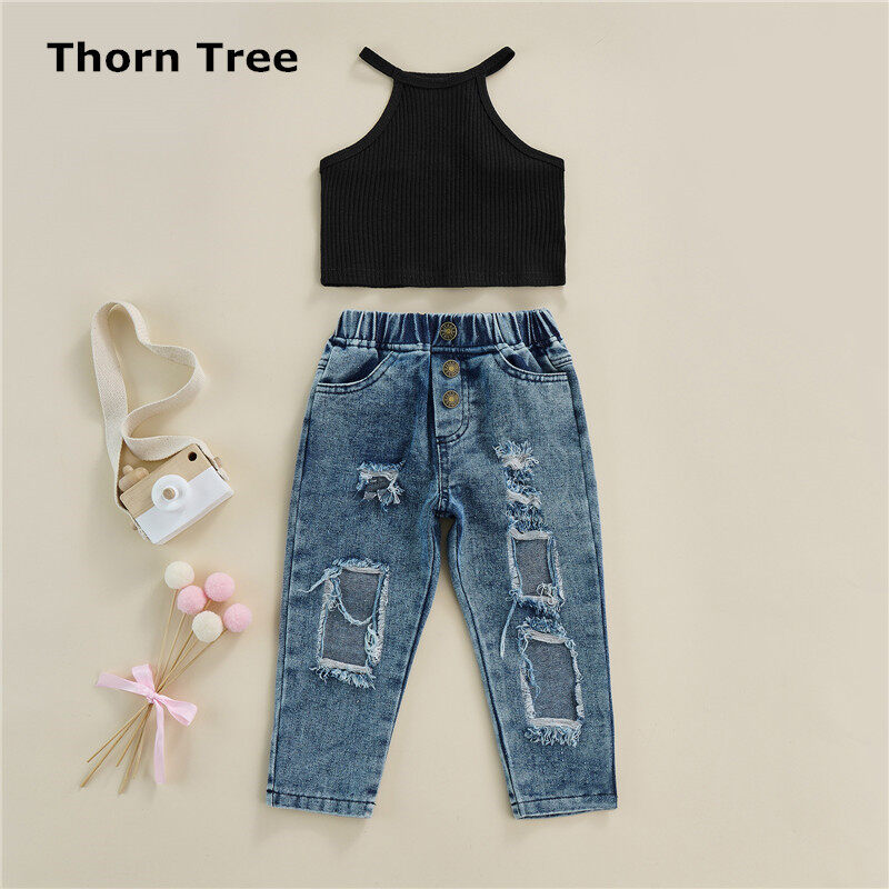 Thorn Tree Toddler Kids Baby Girls Vest Tops+Ripped Fish Net Jeans
