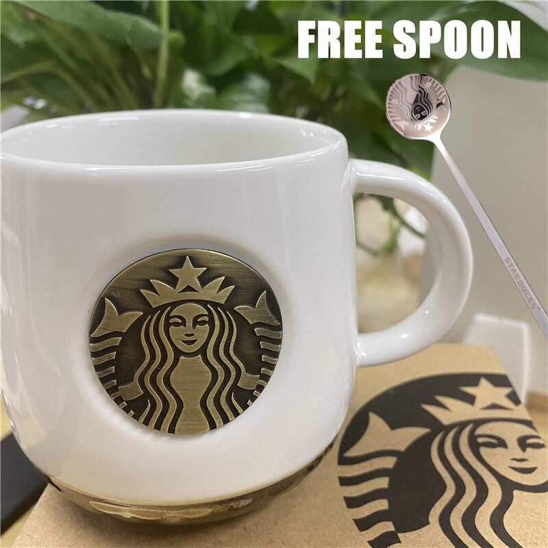 [Free Spoon] Starbuck Lovers Mug Cup Copper Medal Commemorative Coffee Cup Ceramic Water Cup Christmas Gift Valentine's Day Gift