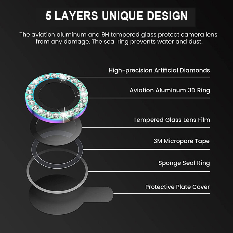 AKABEILA Sparkling Diamond Camera Lens Protector For iPhone 13 Pro Max 12 Pro Max Mini 11 Pro Max Bling Rainbow Metal HD Tempered Glass Camera Film Screen Protection Top Seller